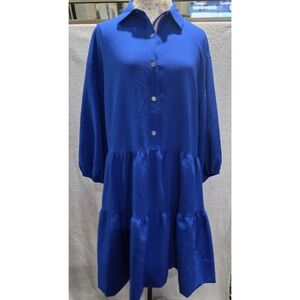 DKNY NWT $129 Dress Cosmic Blue Sz 8 Tiered Collared Front Buttons Long Sleeves